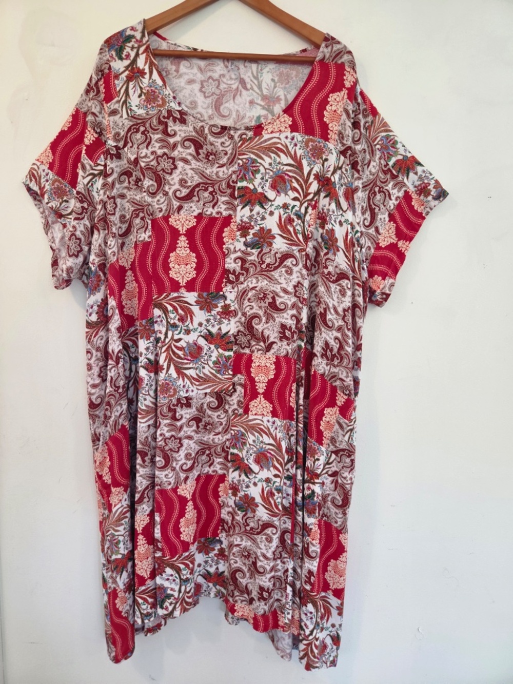 LINEN/BAMBOO midi dress 3X patchwork short sleeve pockets A line boho laced - Picture 3 of 10